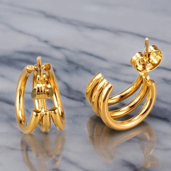 🆕 Small  Dainty Trendy Triple C-Hoop Earrings 18K Gold Plated Titanium Steel - Picture 1 of 8